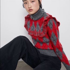 Zara Ruffled Argyle Sweater turtleneck mohair blend sweater Sz S NWT